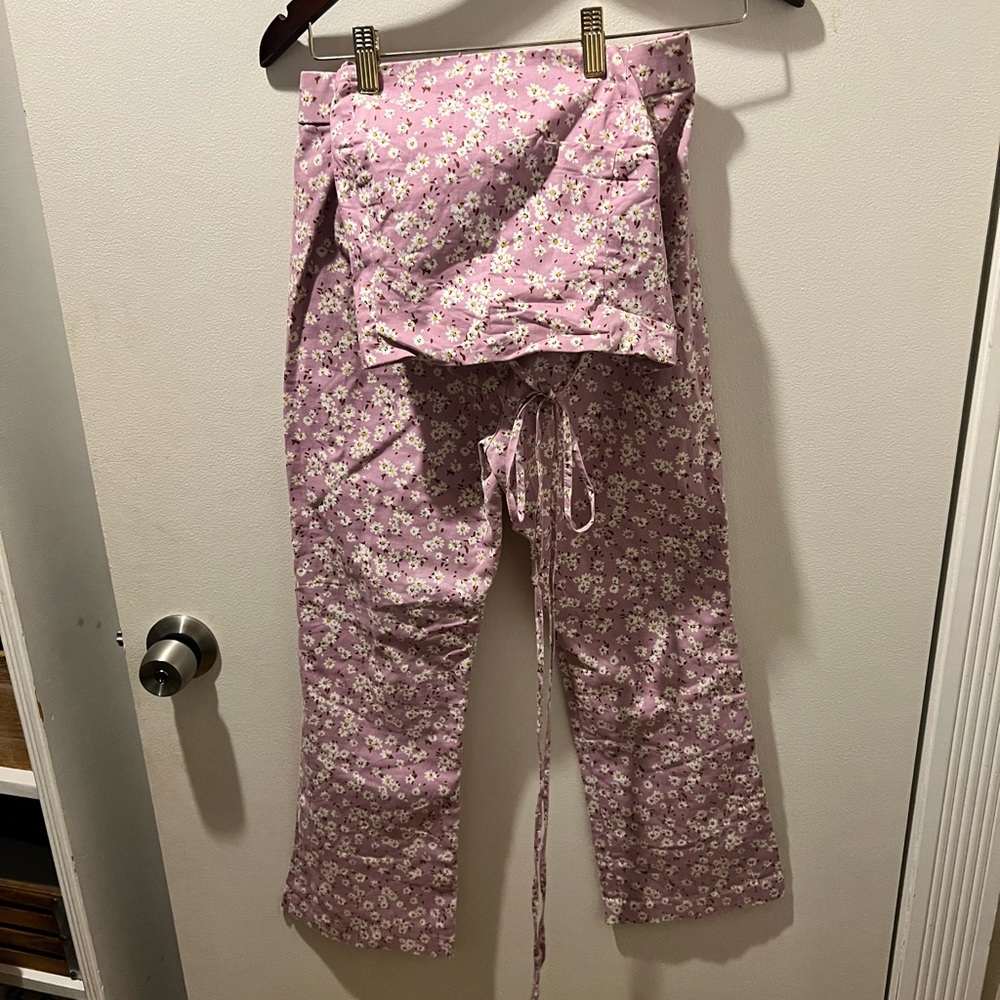 Zara floral pants and lace up crop top set